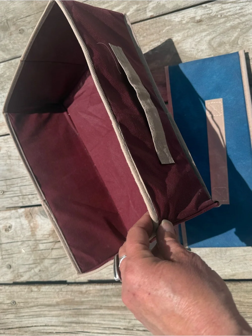 Set of Foldable Fabric Storage Bins in Burgundy, Navy & Striped - Picture 2 of 5